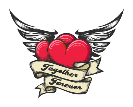 Winged Heats and Ribbon with Lettering Together Forever Tattoo