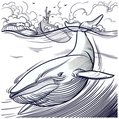 Blue whale being hunted by old time whalers book style line illustration - obrazy, fototapety, plakaty
