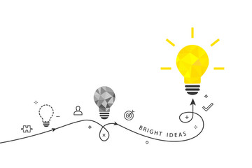 Bright ideas and innovation concept with shining light bulb and process route isolated on white background - obrazy, fototapety, plakaty