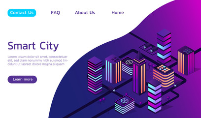 Isometric vector smart city 3d illustration. Include neon city, trees, roads, transport.