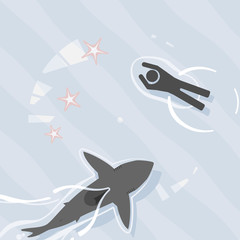 Pictogram scene of shark swimming dangerously close to unaware swimmer
