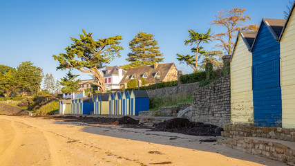 Bathing huts on the beach, Grande Plage, Brittany, Ile-aux-Moines 
