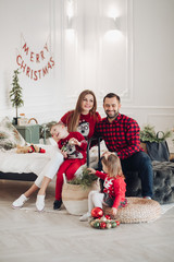 Portrait of smiling young family on Christmas day. Togetherness concept