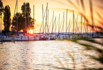 Sailboats in the port on lake Balaton in summer