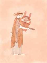 Apollo or Helios Standing Playing Cithara or Lyre with Phiale and Laurel crown, based on ancient greek pottery and ceramics red-figure drawings