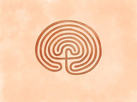 Cretan Minoan Labyrinth Built by Daedalus for King Minos at Knossos to Hold Minotaur (eventually killed by hero Thesseus). Symbol based on ancient greek pottery and ceramics red-figure drawings