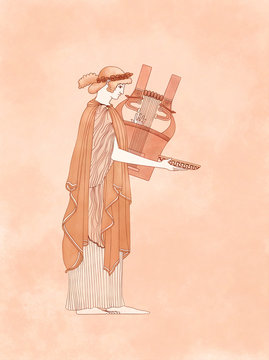 Apollo or Helios Standing Playing Cithara or Lyre with Phiale and Laurel crown, based on ancient greek pottery and ceramics red-figure drawings