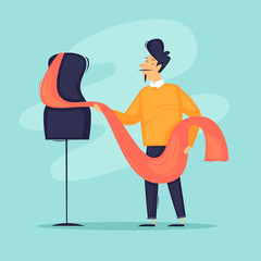 Fashion designer comes up with fashion design. Flat design vector illustration.	