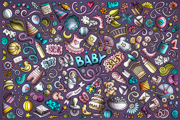 Colorful vector doodle cartoon set of Baby objects and symbols