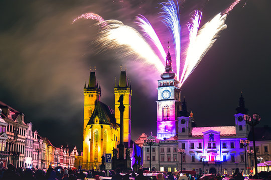 Fireworks in city center of Hradec Kralove, Czech Republic