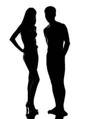 Silhouette of man and woman on white background