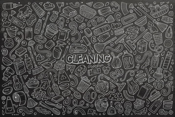 Line art vector doodle cartoon set of Cleaning objects and symbols