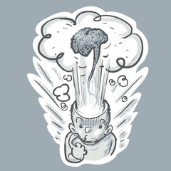 brain explosion funny cartoon. figure with white contour, isolated on grey background.