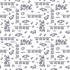 Doodle hand drawn background, vector seamless pattern . Theme of love . Hearts, arrows, love inscriptions, flowers and other elements.
