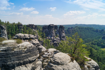 the rock formation of the Bastei seen from the Felsenburg Neurathen in the Saxon Switzerland