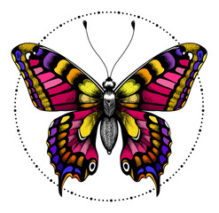 Tattoo butterfly in circle of beads.T-shirt design