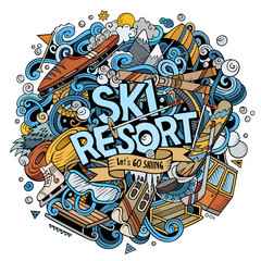 Ski Resort hand drawn cartoon doodles illustration.