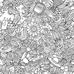 Cartoon cute doodles hand drawn Spring seamless pattern.