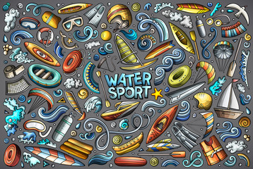 Fototapeta premium Vector doodle cartoon set of Water sport objects and symbols