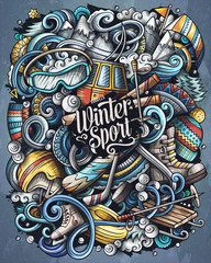 Winter Sports vector doodles illustration. Ski resort poster design