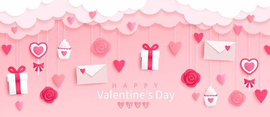 Valentines day banner with gifts,hearts,letters,flowers in pink background with wishing happy holiday, origami style.Template for flyer, invitation and greeting card for holiday.Vector illustration. - obrazy, fototapety, plakaty