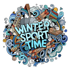 Winter Sport Time hand drawn cartoon doodles illustration.