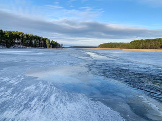 Lake Seliger in abnormally warm January 2020. Russia, Tver region
