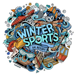 Winter Sports hand drawn cartoon doodles illustration.