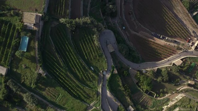 Birdseye view aerial footage of terrace farming in Banyalbufar, Mallorca, Spain.