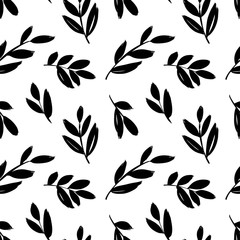 Leaves and branches vector seamless pattern. Brush leaves and twigs. Olive branch modern pattern.