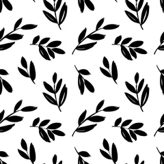 Cercles muraux Noir et blanc Feuilles et branches vecteur modèle sans couture. Brossez les feuilles et les brindilles. Modèle moderne de branche d& 39 olivier.