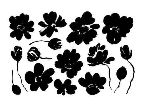 Spring flowers hand drawn vector set. Black brush flower silhouettes. Roses, peonies, chrysanthemums isolated cliparts.