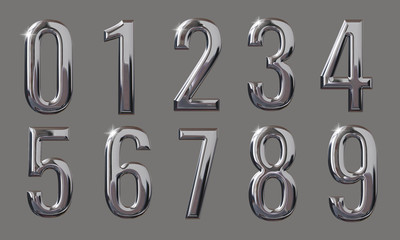 Set of 3D numbers with glossy metal texture (chrome, steel, silver) isolated on gray background, premium bold font design for poster, banner, invitation - obrazy, fototapety, plakaty