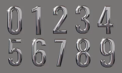 Deurstickers Set of 3D numbers with glossy metal texture (chrome, steel, silver) isolated on gray background, premium bold font design for poster, banner, invitation © Aul Zitzke