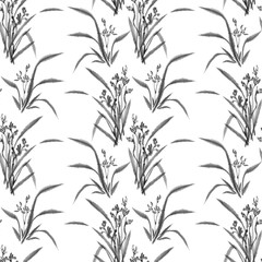 Fototapeta premium Pattern. Wild Orchid. Black and white ink image. Chinese, japanese style. Graphic arts. Background with flowers. Flowers and leaves.