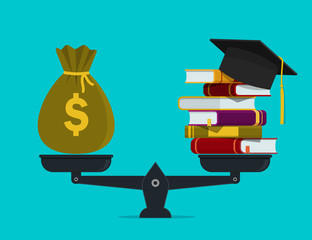 Pile of books with money on scales. Financial investment in knowledge, education concept. High worth of student education. Stack of book, bag of dollar. Financial payment for study of school. vector