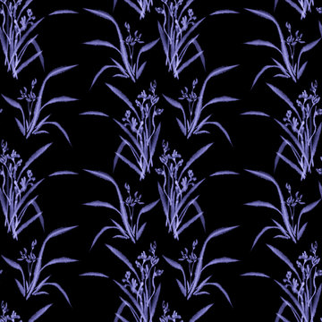 Pattern. Wild Orchid. Black and white ink image. Chinese, japanese style. Graphic arts. Background with flowers. Flowers and leaves.