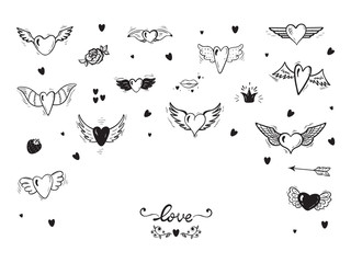 Naklejka premium Hearts with Wings for Valentines Day or Wedding greeting cards. Love Vector Set. Beautiful Doodle Heart tattoo. Hand drawn illustration