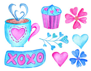 Cute watercolor romantic set of design elements for Valentine's Day. Love sign, pink muffin, blue coffee cup with hearts and flowers. Hand painted stock illustration for wedding decor.