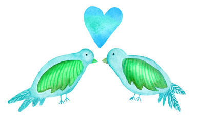 Watercolor blue and green birds with heart isolated on white background. Hand painted stock illustration for wedding and Valentine's day decor.