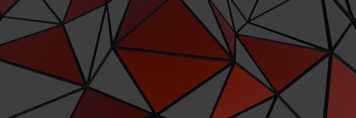 3d ILLUSTRATION, of black abstract crystal background red triangles, triangular texture, wide panoramic for wallpaper, 3d black background low poly design