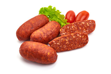 Spanish chorizo spicy sausages, isolated on white background