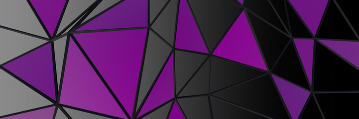 3d ILLUSTRATION, of black abstract crystal background purple triangles, triangular texture, wide panoramic for wallpaper, 3d black background low poly design