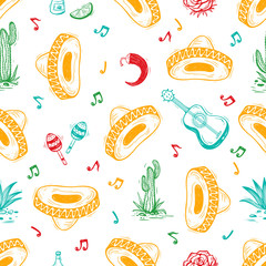 Cinco de Mayo. Mexico Seamless pattern. Mexican holiday Vector background with hand drawn doodle Mexican culture attributes