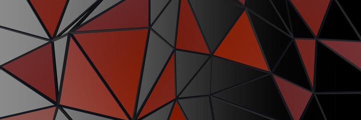 3d ILLUSTRATION, of black abstract crystal background red triangles, triangular texture, wide panoramic for wallpaper, 3d black background low poly design