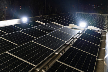 Illuminated panels on the evening roof.