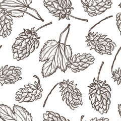 Beer Hops Vector Seamless Pattern. Common Hop or Humulus Lupulus Branch. Leaves and Cones. Vector Floral Background