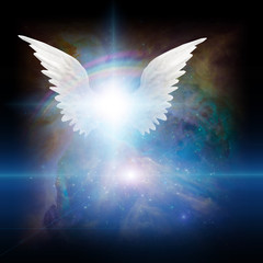 Surreal digital art. Bright star with white angel's wings in vivid colorful universe