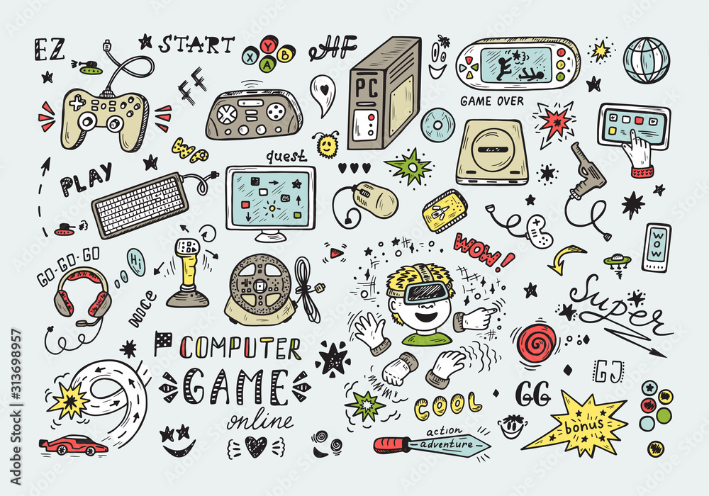 Wall mural gadget icons vector set. hand drawn doodle computer game items. video games.