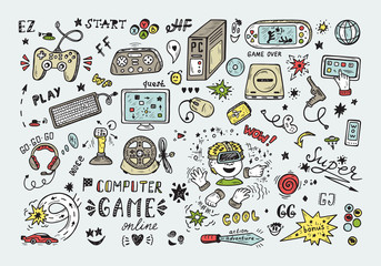 Gadget icons Vector Set. Hand Drawn Doodle Computer Game items. Video Games. © AllNikArt